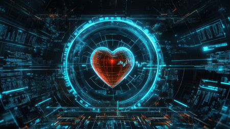 An imaginative heart monitor design showcases a luminous heart surrounded by vibrant digital elements, representing advanced healthcare technology and innovation in the medical field.の素材