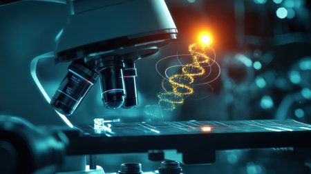 A close-up of a scientific microscope highlighted by glowing effects, symbolizing innovation and discovery in laboratory research and education settings.の素材
