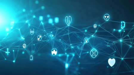 This image depicts a futuristic digital network showcasing interconnected icons related to healthcare, technology, and data visualization in a modern design aesthetic.の素材
