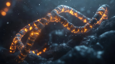 A mesmerizing digital illustration of a glowing DNA helix emerging from a dark background, ideal for educational and scientific projects related to molecular biology and genetics.の素材