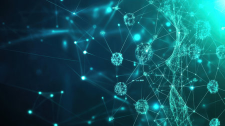An abstract digital illustration showcasing a network of glowing particles connected through intricate lines, representing the convergence of technology and science in modern innovations.の素材