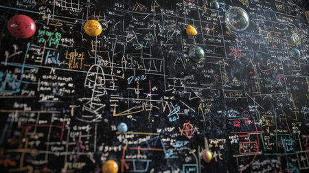 A vibrant chalkboard filled with colorful scientific diagrams and mathematical equations showcases the beauty of knowledge and creativity in education and research.の素材
