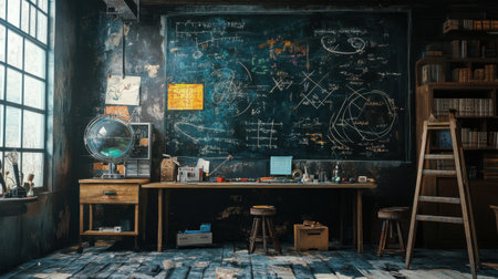 A vintage study area with a chalkboard filled with complex equations, a globe, and a wooden desk, enriched by natural light and surrounded by bookshelves, offers a cozy learning atmosphere.の素材