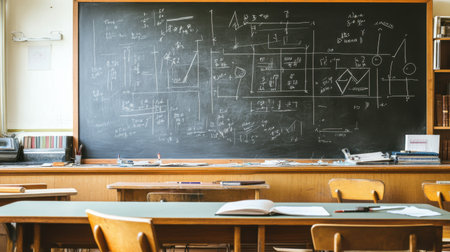 A classroom filled with desks and a chalkboard showcasing various mathematical equations and diagrams, creating an engaging and inspiring learning atmosphere.の素材