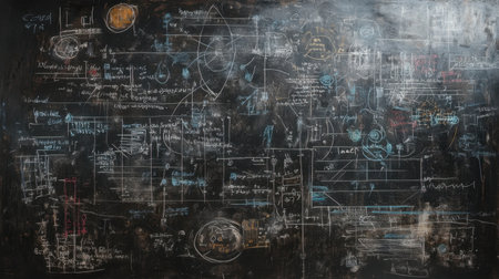 A creative chalkboard background filled with complex equations and diagrams, perfect for educational materials, presentations, and showcasing innovative ideas in various academic fields.の素材