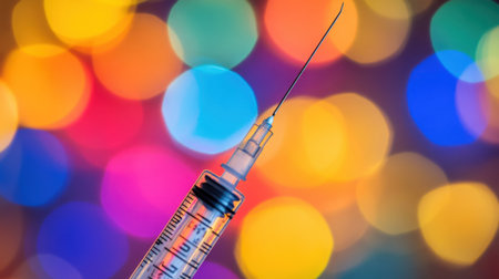 A vibrant close-up image of a medical syringe with a needle, set against a colorful bokeh background, symbolizing innovation in vaccination and healthcare.の素材