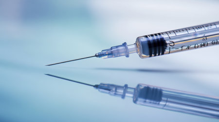 A medical syringe is prominently featured, showcasing its needle and reflecting on a glossy surface, set against a softly blurred healthcare background, symbolizing precision in medicine.の素材