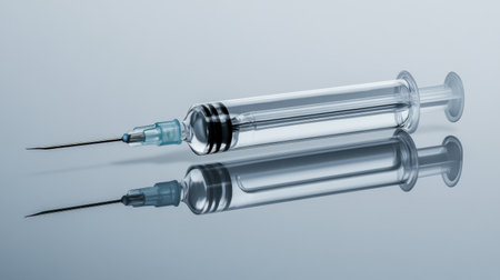 A clear, modern syringe with a needle is artfully displayed, emphasizing its reflective qualities on a smooth surface, representing essential medical equipment used in healthcare settings.の素材