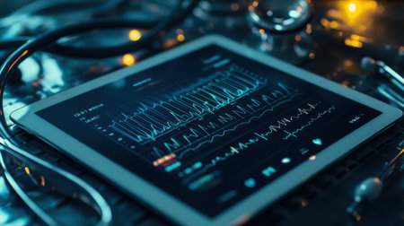 Close-up view of a tablet displaying ECG data in a healthcare setting, surrounded by medical instruments, representing modern technology in patient monitoring.の素材