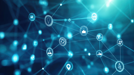 A captivating blue digital network showing connections and data transfer, featuring icons that represent various applications, ideal for technology and innovation themes.の素材