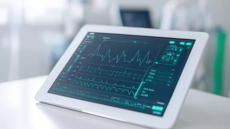 A modern digital tablet shows vital signs and medical data, showcasing the intersection of healthcare and technology in real-time patient monitoring systems.の素材