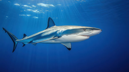A stunning blue shark effortlessly swims through the serene depths of the ocean, showcasing its streamlined body under rays of sunlight, symbolizing marine beauty and predator grace.の素材