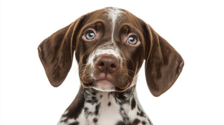 This charming puppy with captivating blue eyes and a coat of spots embodies curiosity and affection, making it a perfect companion for any pet lover.の素材