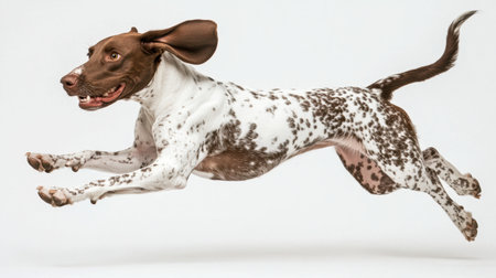 A lively dog leaps into the air, demonstrating its playful spirit and athletic prowess. The clean background highlights the joyful expression and dynamic movement in this vibrant moment.の素材