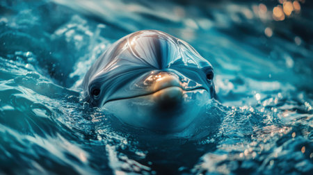 A striking close-up of a dolphin emerging from the water, capturing its curious expression and the shimmering reflections of light on the surface, celebrating marine life.の素材