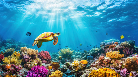 A stunning underwater scene showcasing a vibrant coral reef with a sea turtle gracefully swimming among colorful tropical fish, illuminated by rays of sunlight.の素材