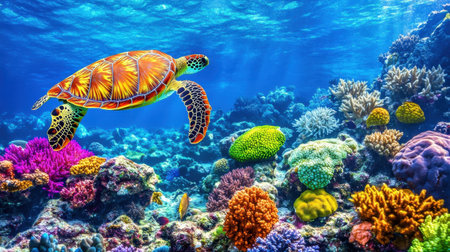 A stunning sea turtle glides gracefully through a colorful coral reef, surrounded by diverse marine life and vibrant corals, showcasing the beauty of the underwater ecosystem.の素材