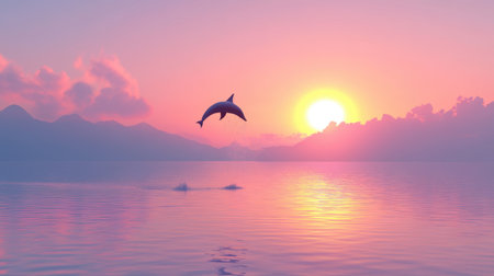 A stunning scene depicts a dolphin leaping joyfully into the air against a backdrop of a purple and orange sunset, surrounded by calm waters and silhouetted mountains.の素材