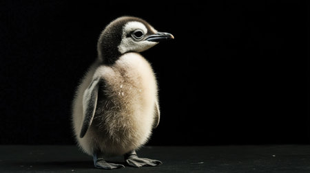 A charming penguin chick stands proudly against a dark backdrop, capturing the essence of youth and curiosity, ideal for wildlife enthusiasts and educational resources.の素材