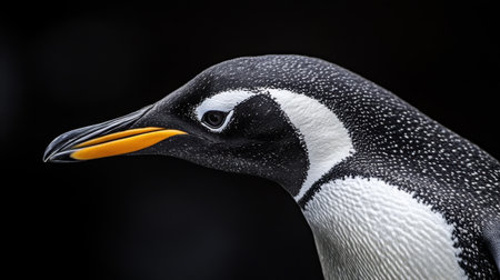 Captivating close-up of a gentoo penguin, showcasing its detailed feathers and vivid beak against a dark backdrop, perfect for wildlife enthusiasts and nature lovers.の素材