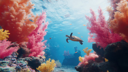 A stunning underwater scene showcasing a sea turtle gracefully swimming through vibrant coral reefs filled with colorful marine life, illuminated by sunlight.の素材