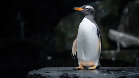 A stunning portrait of a penguin standing on a rocky surface, showcasing its striking features against a dark background, embodying the charm of wildlife in its natural habitat.の素材