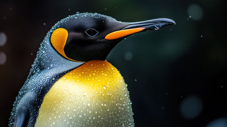 Explore the stunning details of an emperor penguin in this close-up image, highlighting its vibrant colors and the beauty of nature with water droplets.の素材