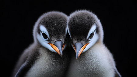 Two charming baby penguins cuddle together, showcasing their fluffy feathers and vibrant orange beaks against a striking dark backdrop, radiating warmth and innocence.の素材