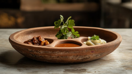 A rustic plate featuring delicious sauces and fresh herbs, highlighting traditional Indian cuisine and inviting culinary exploration with vibrant flavors and textures.の素材
