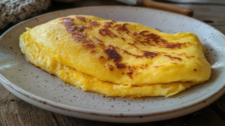 This beautifully cooked omelette showcases a rich golden hue and a fluffy texture, making it a perfect addition to any breakfast or brunch table presentation.の素材