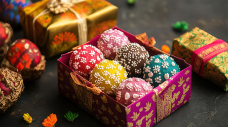 A vibrant arrangement of decorative sweets in a colorful box, set among ornate gift wrapping and festive ornaments, capturing the essence of celebration and joy.の素材