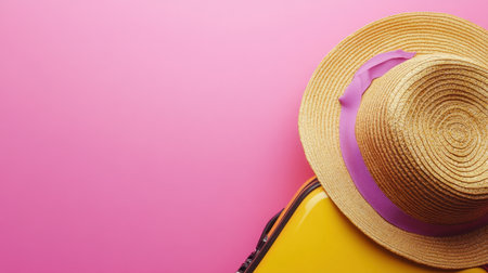 A colorful setup featuring a yellow suitcase accompanied by a straw hat, perfect for capturing the essence of summer travel and adventure, set on a pink backdrop.の素材