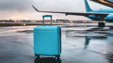 A vibrant blue suitcase stands alone on a glossy airport runway as a plane is visible in the backdrop, evoking feelings of anticipation for travels ahead.の素材