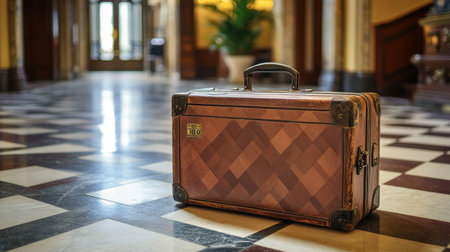 A stunning vintage leather suitcase rests on a polished marble floor in an elegant hallway, evoking nostalgia and inviting travel enthusiasts to explore new destinations.の素材