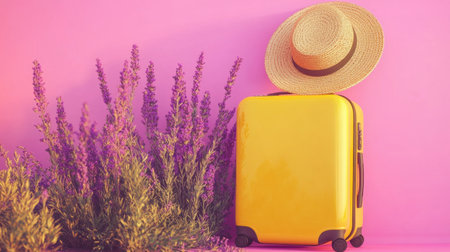 A bright yellow suitcase paired with a stylish straw hat and blooming lavender creates a cheerful travel scene, ideal for summer adventures and vacation dreams.の素材