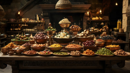 A rich array of fresh produce and beautifully arranged dishes displayed on a rustic wooden table, illuminated by warm lighting, creating a cozy and inviting culinary atmosphere.の素材