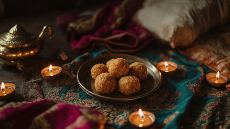 A beautifully styled plate of traditional Indian sweets illuminated by candles, showcasing cultural elements through rich textiles and warm ambiance for any festive occasion.の素材