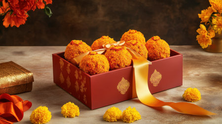A delightful arrangement of vibrant orange sweets in an elegant red box adorned with decorative flowers, perfect for any festive occasion or celebration.の素材