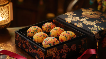 An inviting image of colorful festive cookies in an ornate box, radiating warmth and joy, ideal for celebrations and gatherings, showcasing the beauty of homemade treats.の素材