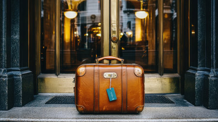 A beautifully crafted leather suitcase sits elegantly at the entrance of a sophisticated building, inviting travelers to embark on their adventure with style and charm.の素材