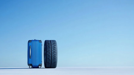 A striking image featuring a blue suitcase and a car tire set against a clear blue sky, presenting a fresh perspective on travel and mobility in a minimalist style.の素材