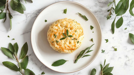 A delicious creamy baked dish presented elegantly on a marble surface, garnished with fresh herbs and green leaves, perfect for food photography and culinary inspiration.の素材