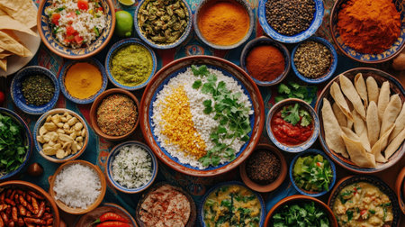 A vibrant, colorful arrangement of various spices and fresh ingredients, perfect for cooking enthusiasts and food lovers looking to enhance their culinary creations.の素材