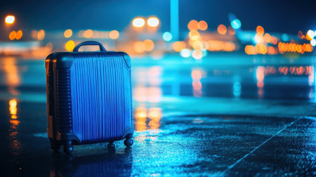 A vibrant blue suitcase stands on a wet airport runway at night, with blurred lights and an airplane in the background, capturing the essence of travel and adventure.の素材