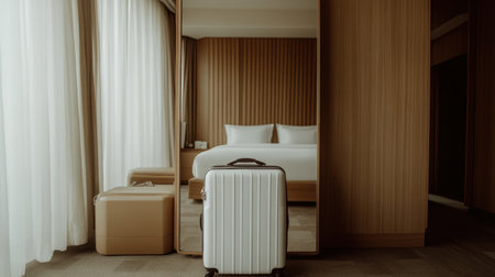 Cozy hotel room featuring stylish luggage in front of a mirror, bathed in natural light. Perfect setting for travelers seeking a relaxing and modern experience.の素材