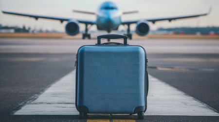A sleek suitcase sits on the runway in focus, with a modern airplane taking off in the background, capturing the essence of travel and adventure.の素材