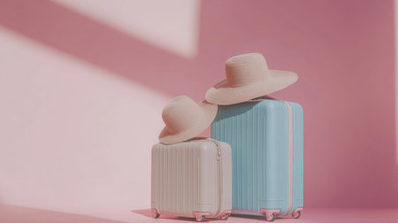 Discover a vibrant travel setup featuring stylish suitcases and straw hats against a soft pink backdrop, perfect for inspiring summer vacation plans and modern aesthetics.の素材