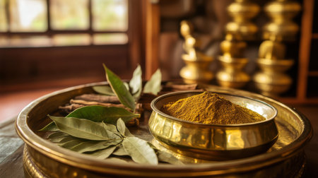 This image showcases a beautiful arrangement of spices and bay leaves on a brass plate in a cozy kitchen, emphasizing the warmth and inviting nature of traditional cooking aesthetics.の素材