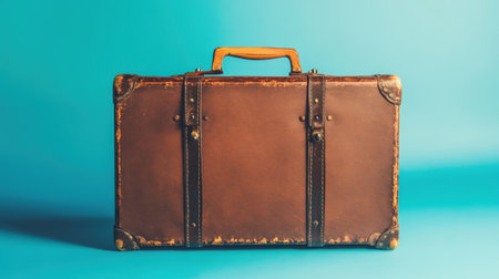 This vintage leather suitcase showcases a distressed texture and a wooden handle, ideal for evoking travel nostalgia in various creative projects or communications.の素材