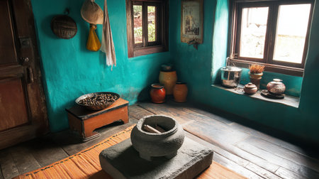 A serene rustic kitchen interior showcasing a traditional stone grinding tool, colorful walls, and artisan pottery, creating a warm and inviting atmosphere.の素材